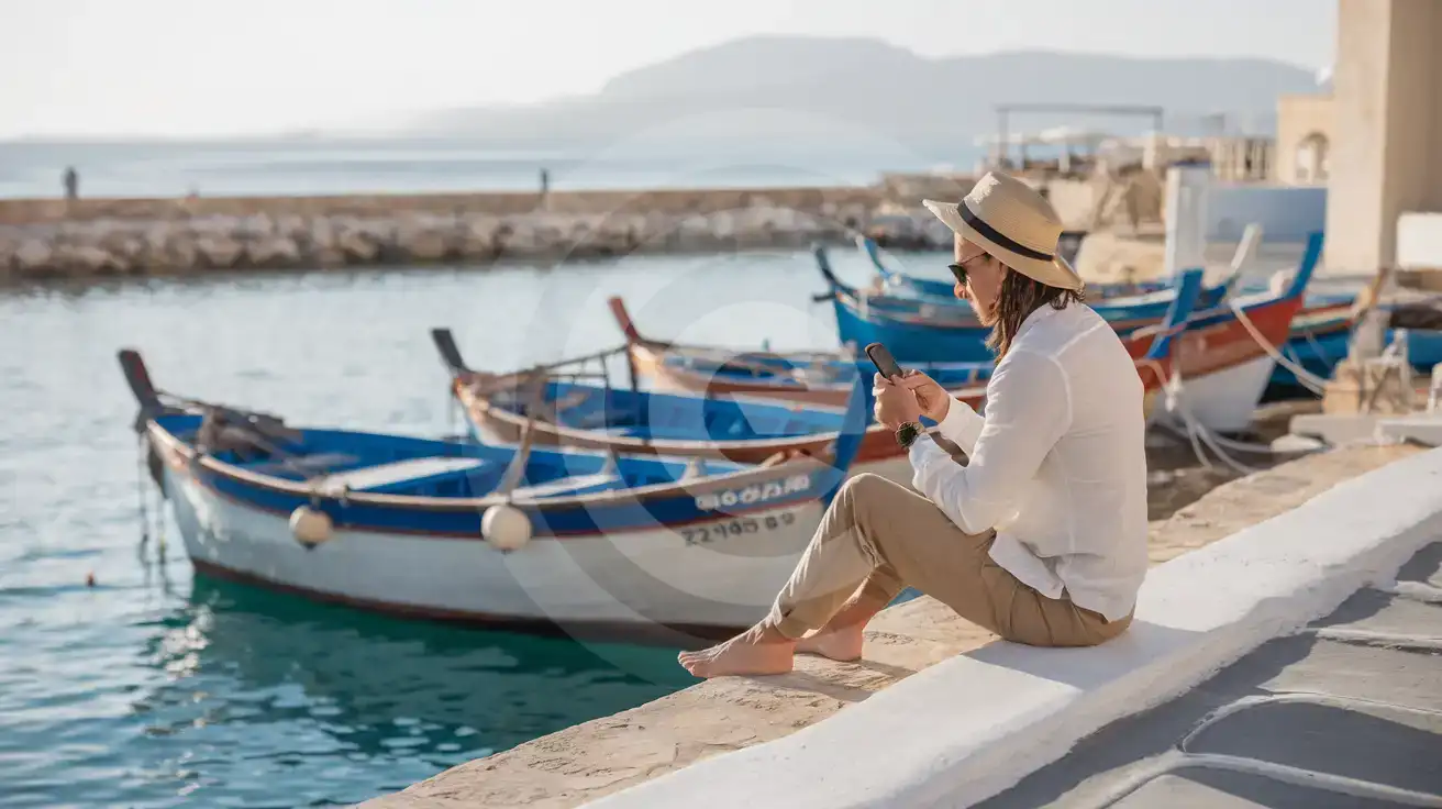 Traveler checking phone messages at a traditional Cypriot fishing harbor with colorful boats