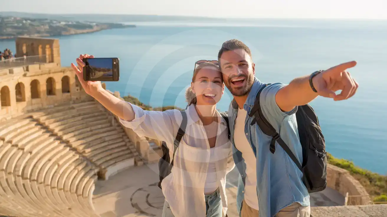 Couple photographing the ancient Kourion amphitheater overlooking the Mediterranean Sea on the Cyprus coast