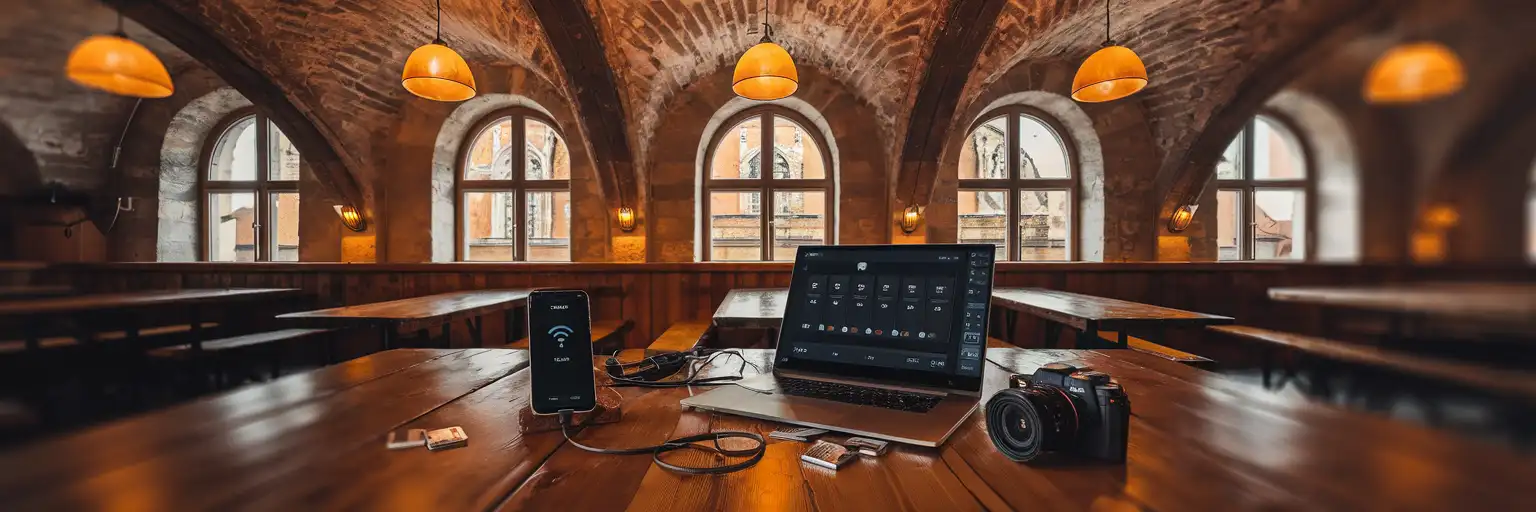 Fotógrafo de viaje subiendo fotos desde su smartphone a su portátil dentro de una cervecería tradicional checa, con la arquitectura histórica de Praga visible a través de las ventanas