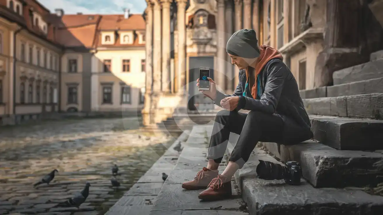 Creador de contenido subiendo fotos desde su smartphone mientras está sentado en un patio histórico checo con arquitectura barroca