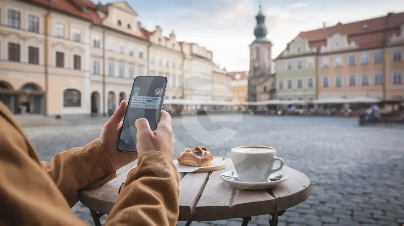 Viajero recibiendo notificación de SMS en su smartphone en una cafetería al aire libre en la plaza de una ciudad checa