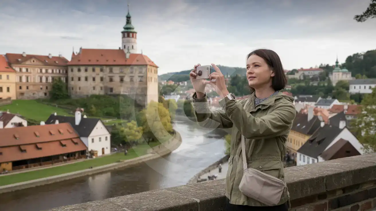 Solo female traveler photographing Český Krumlov Castle and the Vltava River bend from the castle viewpoint in Czech Republic