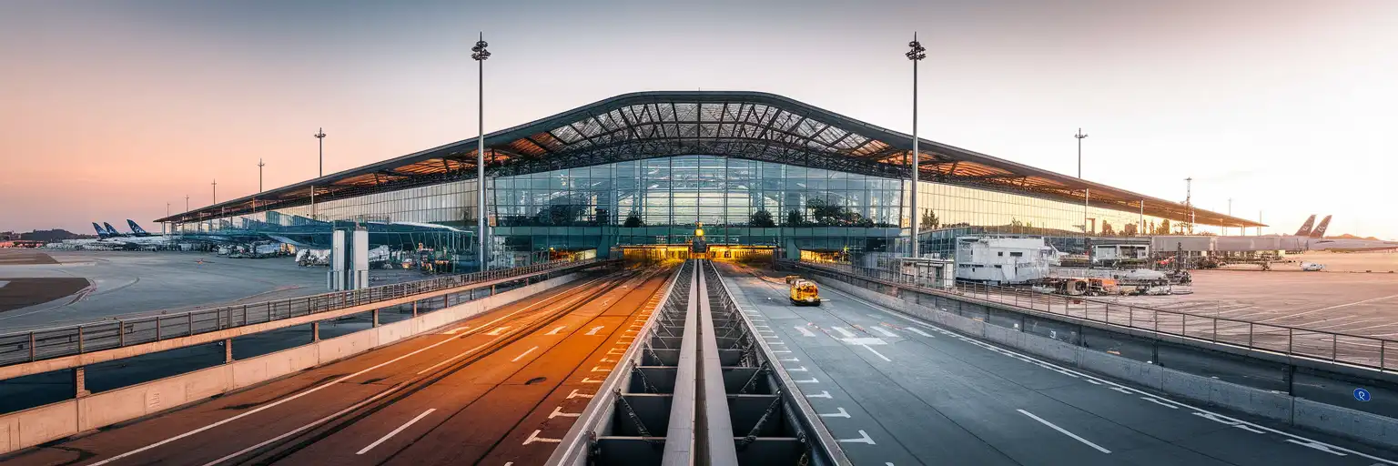 Wide exterior view of Hamburg Airport terminal in Hamburg, Germany at golden hour