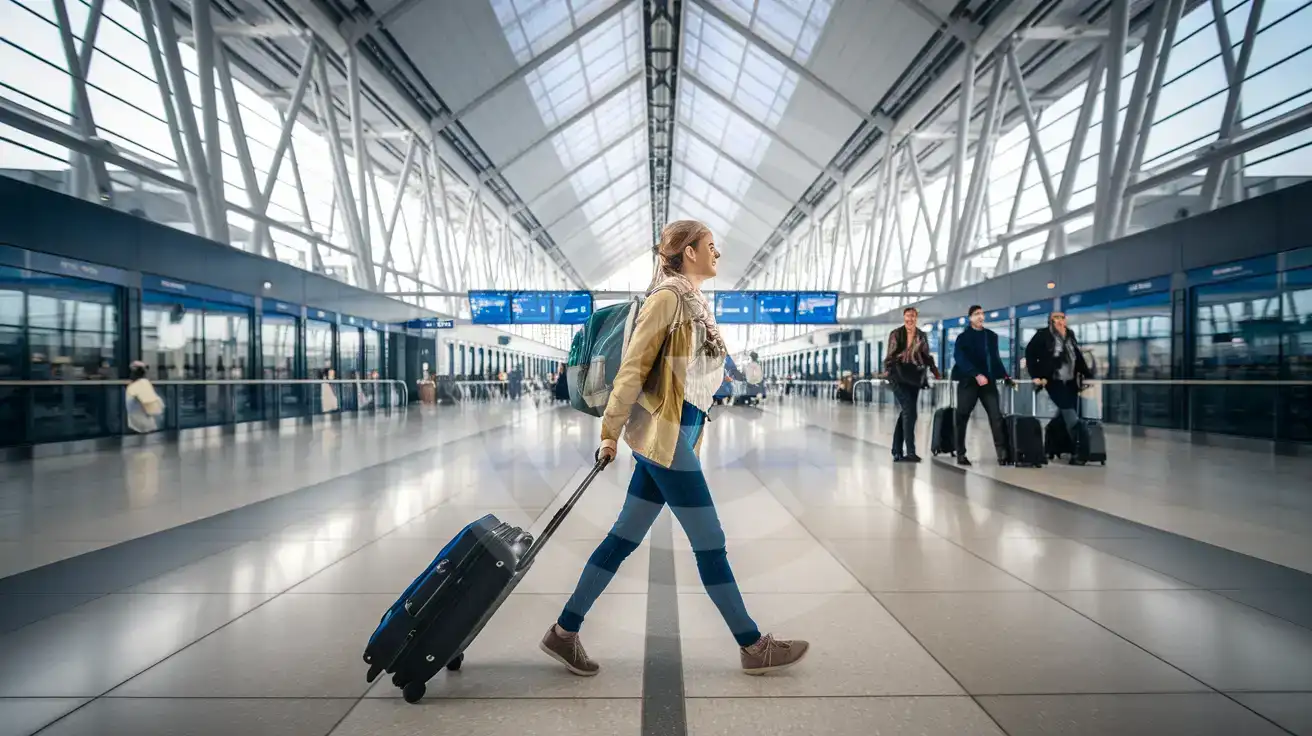 Solo female traveler walking through the Airport Plaza concourse inside Hamburg Airport in Hamburg, Germany
