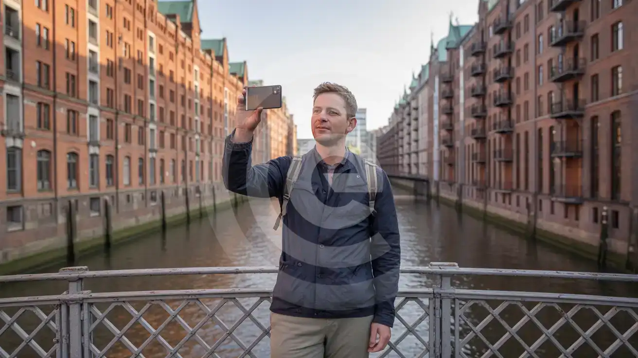A solo male traveler photographing the red-brick warehouses of Hamburg's Speicherstadt district from a canal footbridge