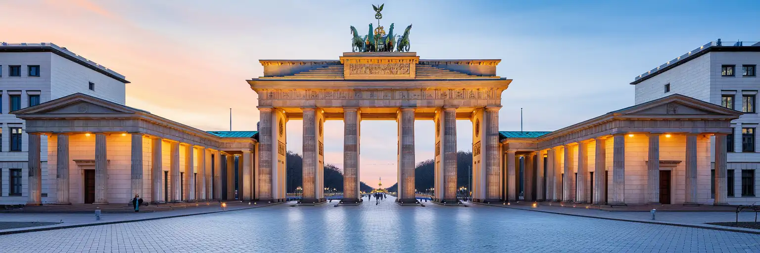 Brandenburg Gate at golden hour viewed from Pariser Platz with the Quadriga sculpture silhouetted against warm evening sky