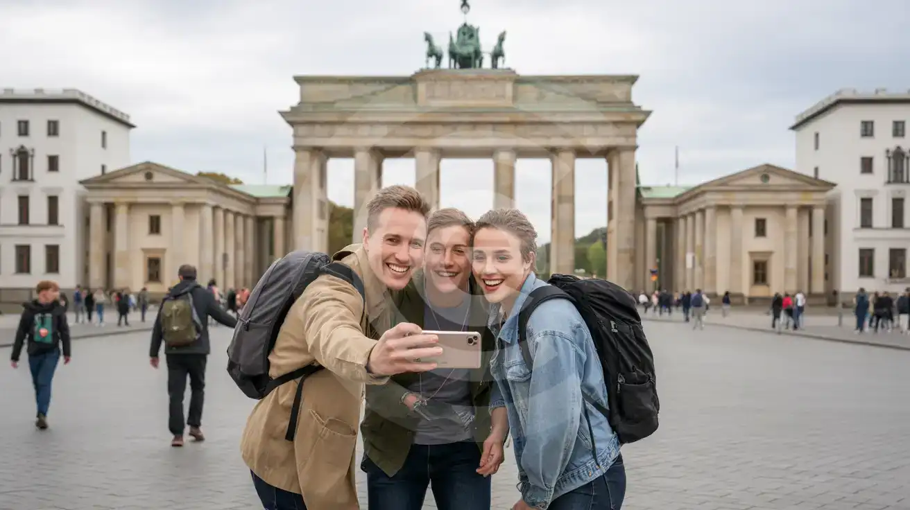 Three friends taking a group selfie in front of Brandenburg Gate on Pariser Platz in Berlin