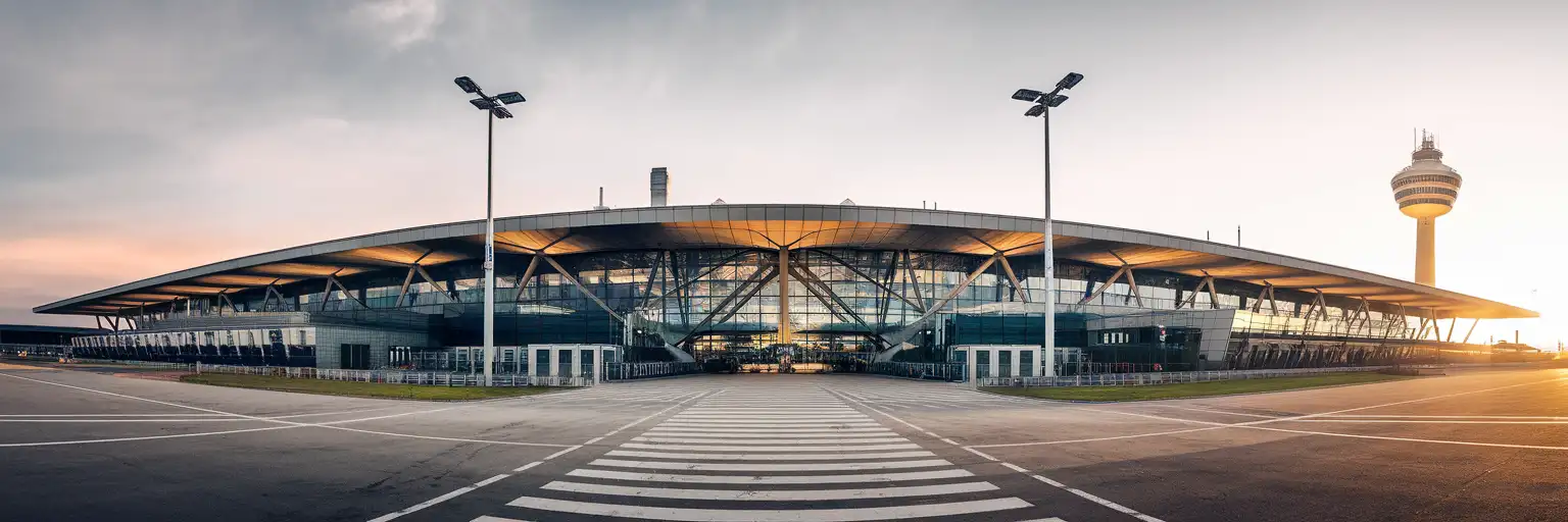 Exterior view of Berlin Tegel Airport Terminal A and control tower at golden hour in Berlin, Germany