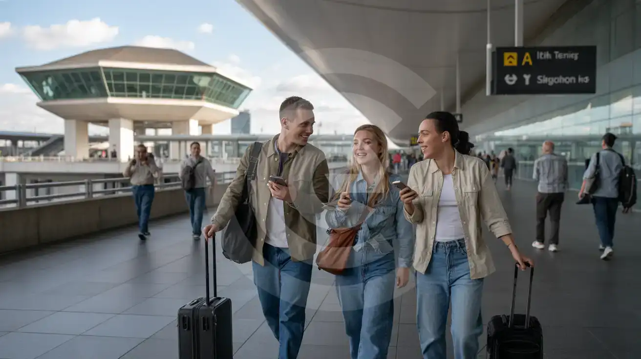 Friends walking through a Berlin Tegel Airport concourse with carry-ons and a smartphone after arrival