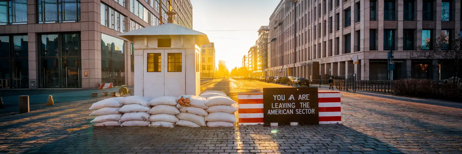 The iconic Checkpoint Charlie guardhouse replica on Friedrichstraße in Berlin at golden hour