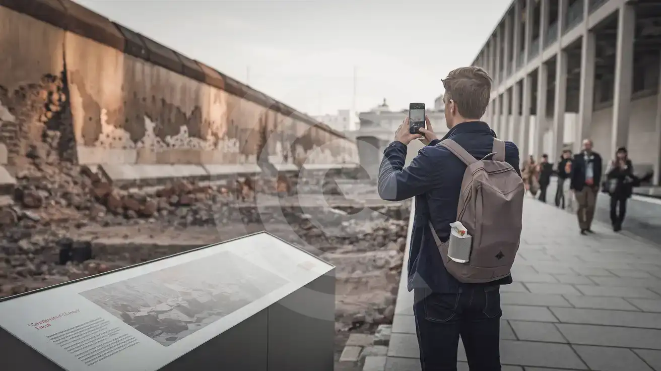 A solo male traveler photographing the Berlin Wall segment at the Topography of Terror near Checkpoint Charlie
