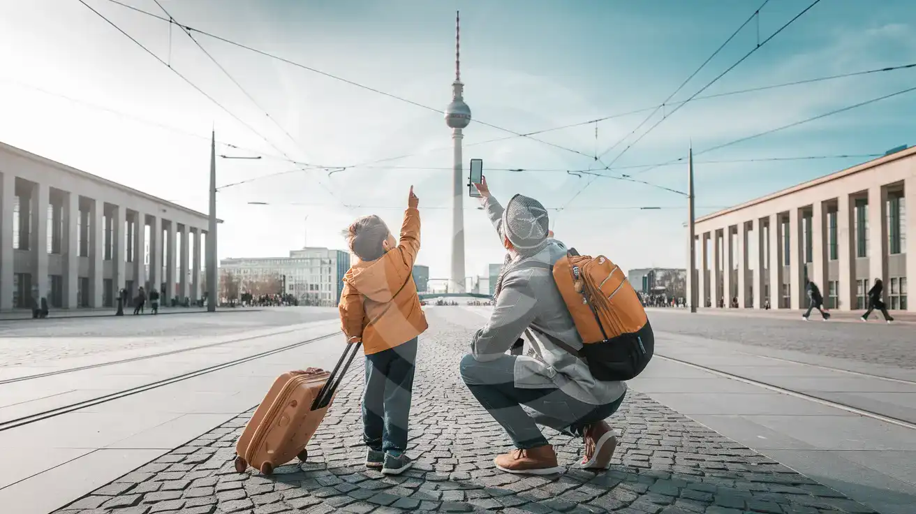 Family near the World Time Clock at Alexanderplatz in Berlin with the TV Tower in the background