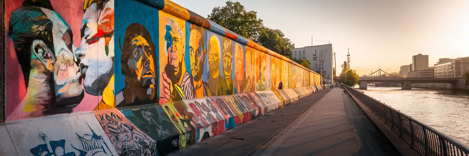 The East Side Gallery murals along the Berlin Wall at golden hour with the Spree River and Oberbaum Bridge in the background