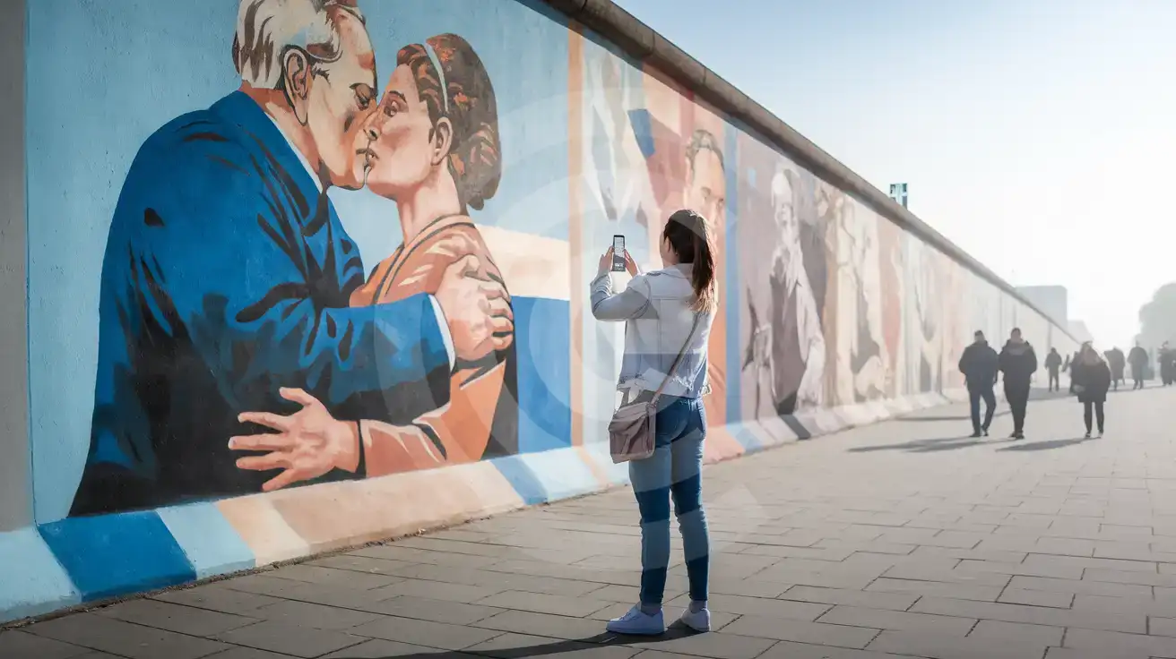 Solo female traveler photographing the Fraternal Kiss mural at the East Side Gallery in Berlin with her smartphone