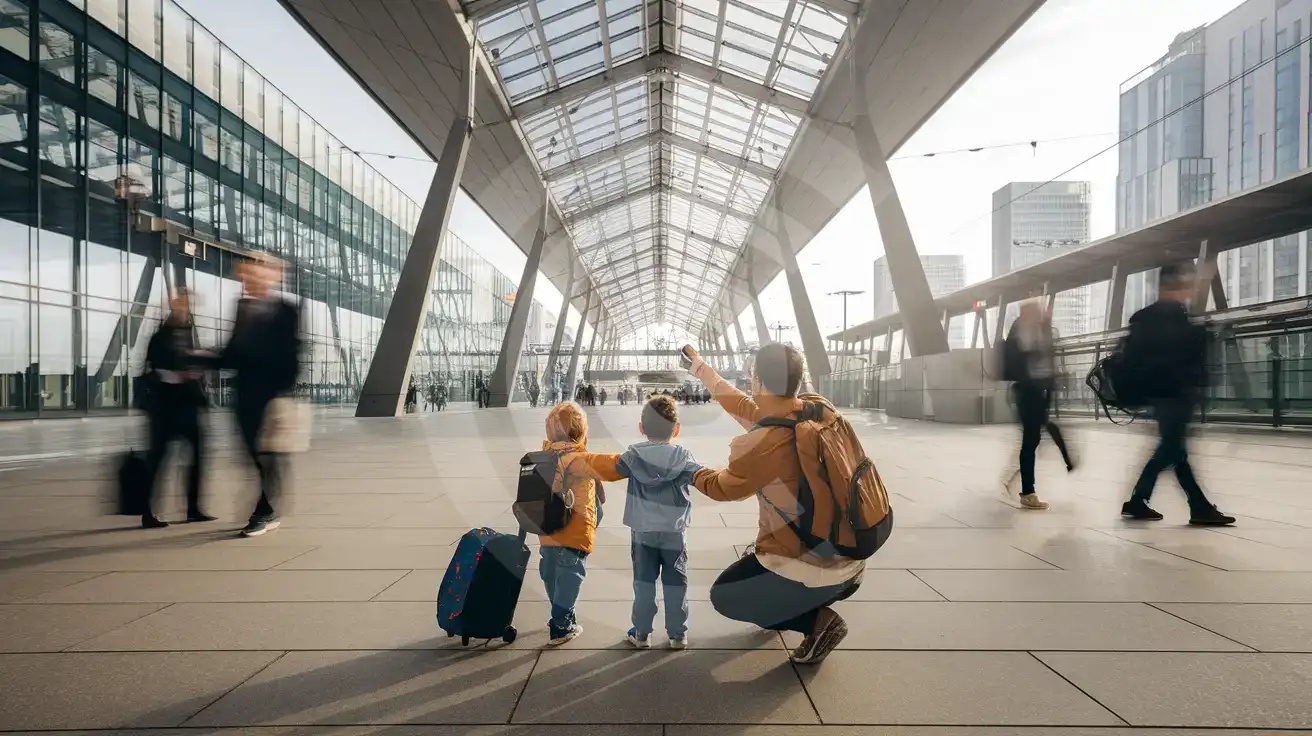 Părinte și copil ajungând lângă stația Potsdamer Platz din Berlin cu smartphone și bagaje