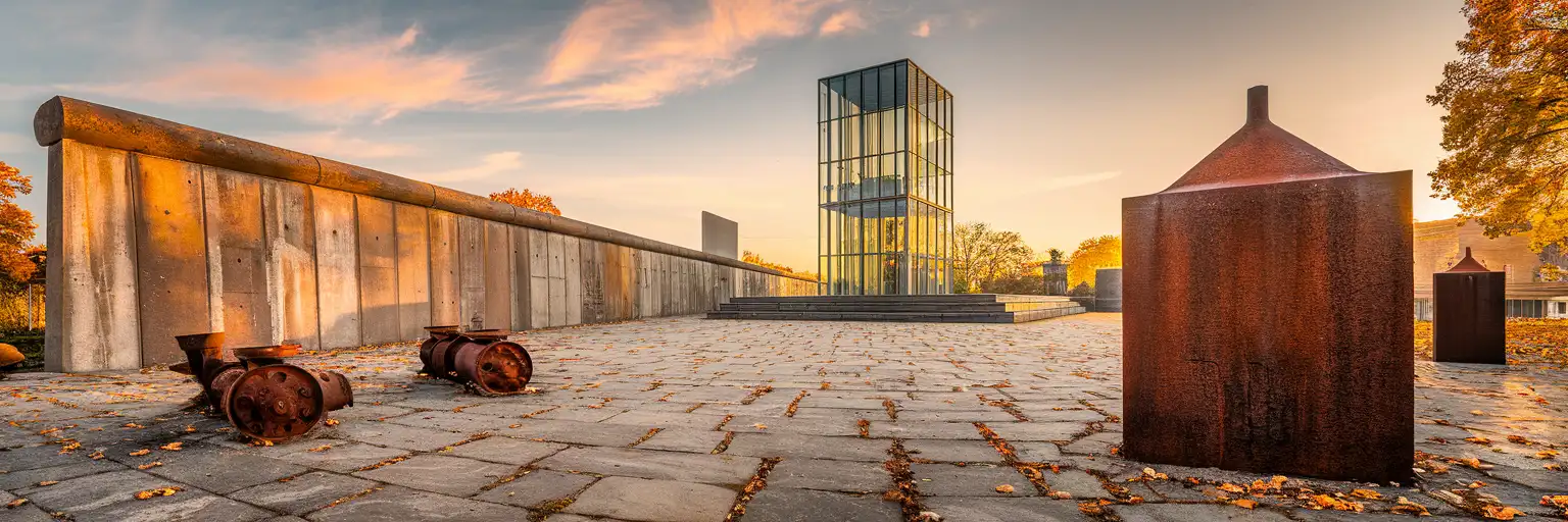 The preserved Berlin Wall border strip at Bernauer Strasse with original concrete segments, patrol-road lamps, and the reconstructed watchtower at golden hour