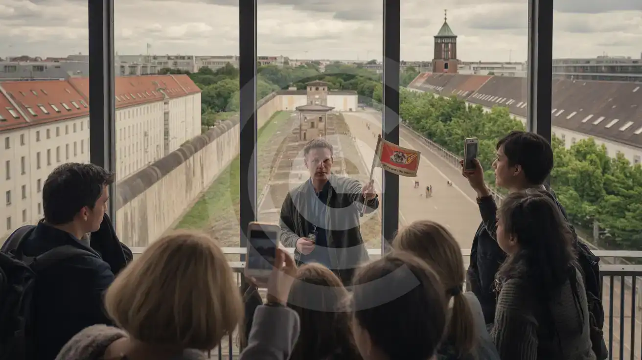 Tour group on the Berlin Wall Memorial Documentation Center observation platform looking down at the preserved death strip and watchtower