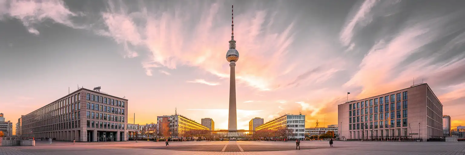 Wide golden-hour exterior view of Berlin TV Tower above Alexanderplatz in Berlin, Germany