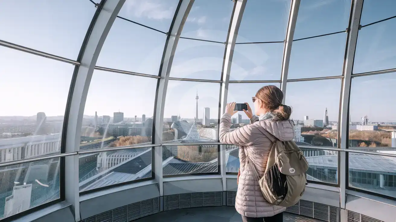 Interior observation deck view from Berlin TV Tower over central Berlin with a solo female traveler taking a photo