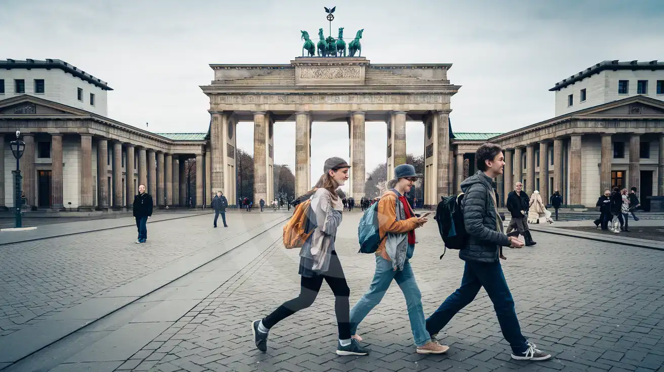 Friends walking near Bebelplatz along Unter den Linden in Berlin, Germany