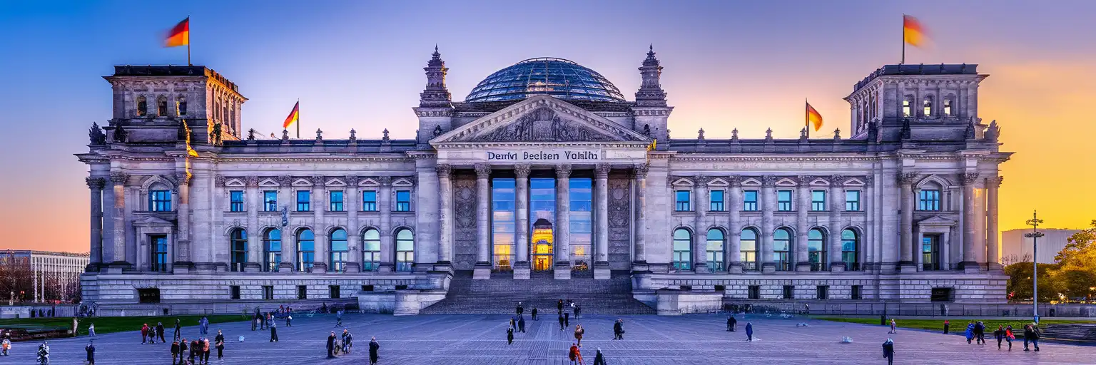 The Reichstag Building in Berlin at golden hour with Norman Foster's glass dome and the historic western facade with columned entrance
