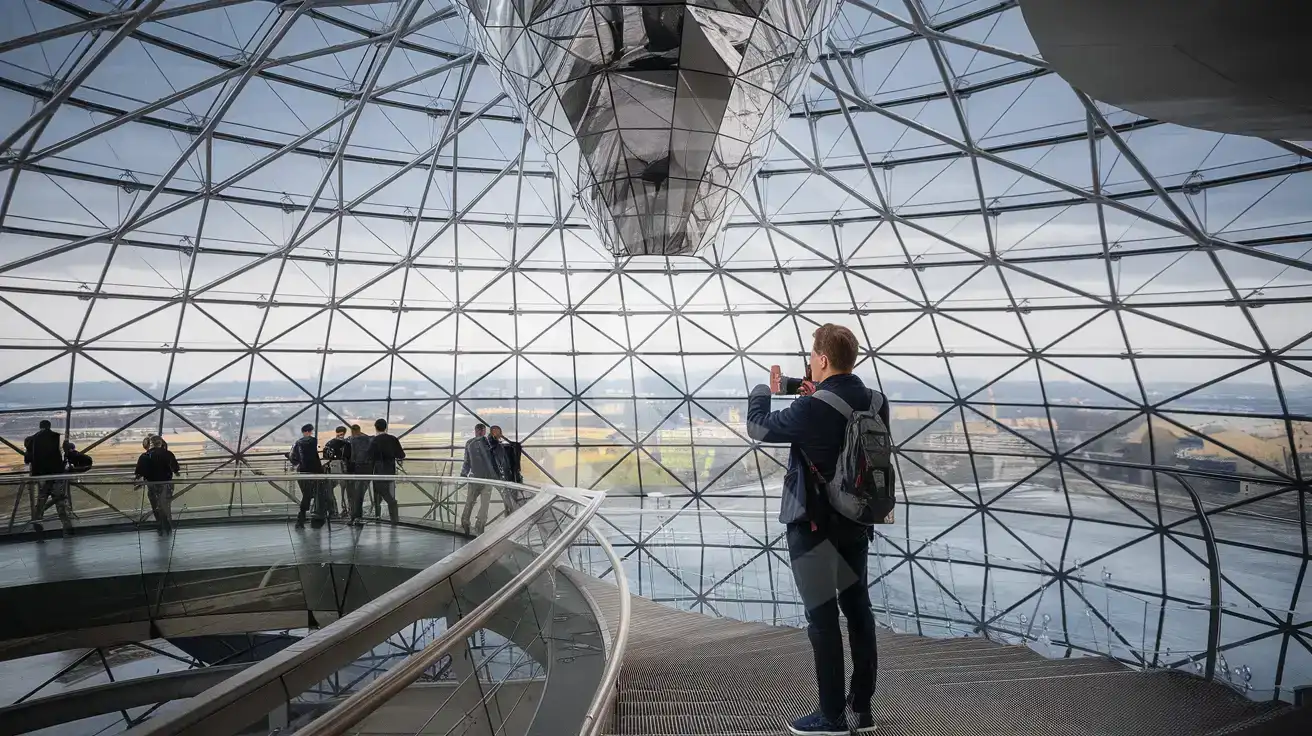 Interior of the Reichstag Building glass dome in Berlin with spiral ramp and mirrored cone, traveler photographing the panoramic city view