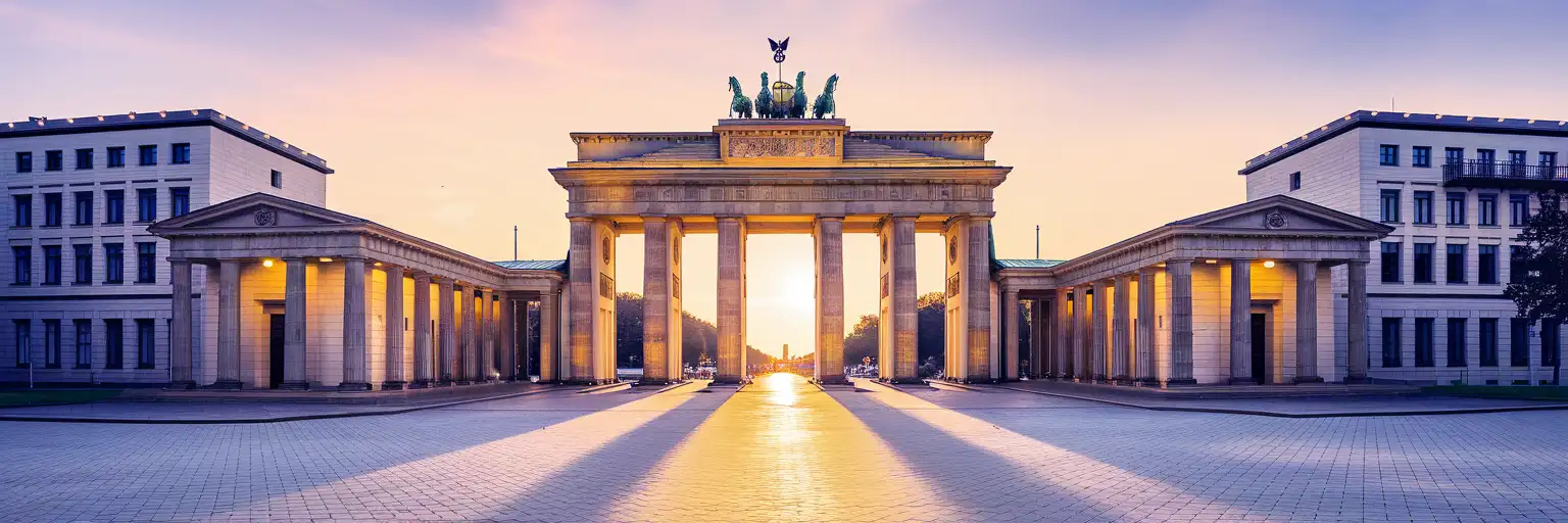 Brandenburg Gate bathed in golden sunset light at Pariser Platz in Berlin, Germany
