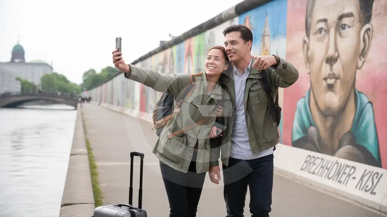 A couple photographing the East Side Gallery murals along the Berlin Wall beside the Spree River
