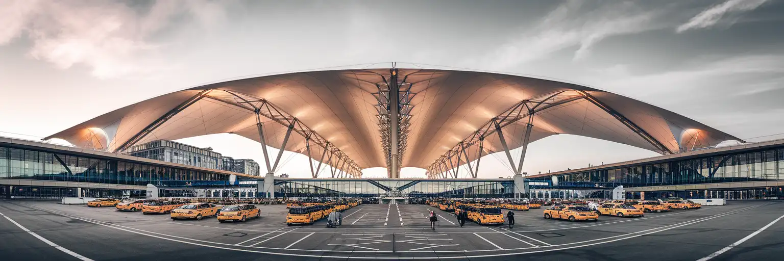 Munich Airport Center exterior with distinctive white tensile membrane roof canopy at golden hour