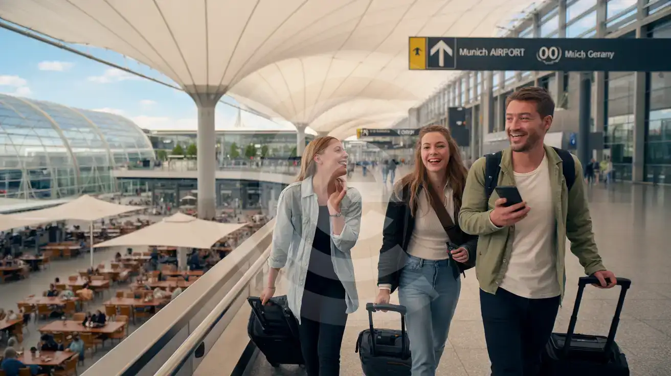 Munich Airport Center interior with tensile membrane roof and travelers walking through the atrium