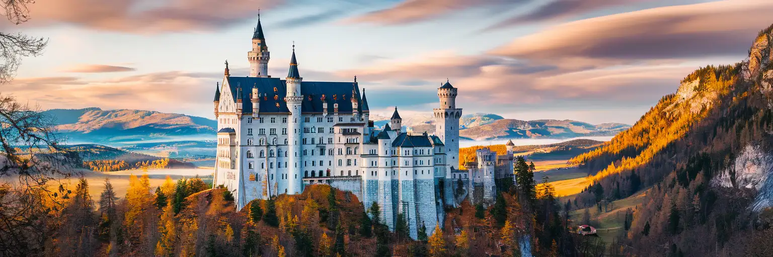 Neuschwanstein Castle perched on a forested Bavarian hillside with Alpine peaks rising behind at golden hour