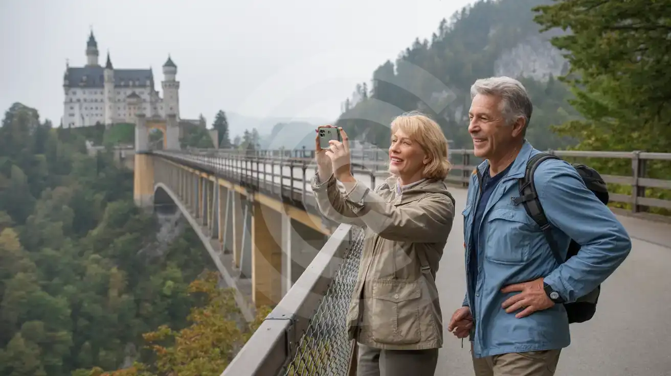 Senior couple photographing Neuschwanstein Castle from Marienbrücke bridge spanning the Pöllat Gorge