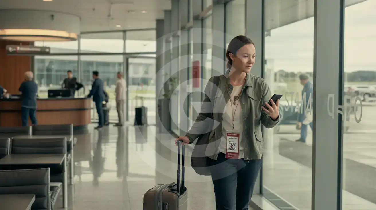 Solo female traveler checking phone in Ramada By Wyndham München Airport hotel lobby with shuttle zone visible through windows