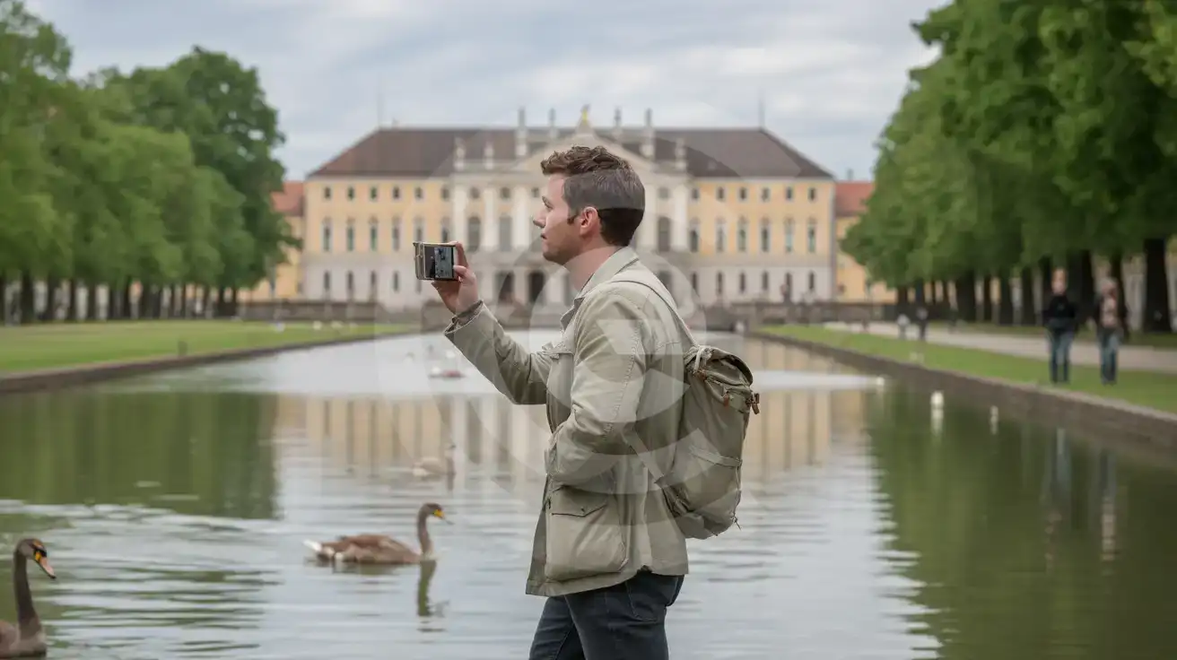 Solo male traveler photographing Nymphenburg Palace along the tree-lined canal approach in Munich
