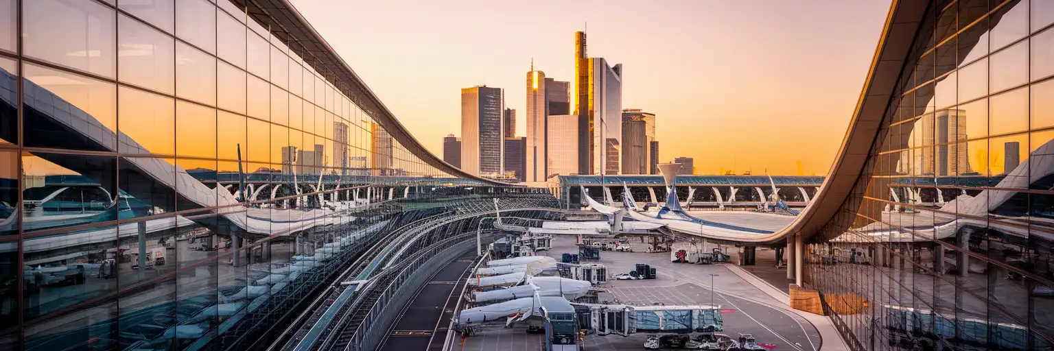 Frankfurt Airport Terminal 1 curved glass facade with control tower and SkyLine people mover at golden hour