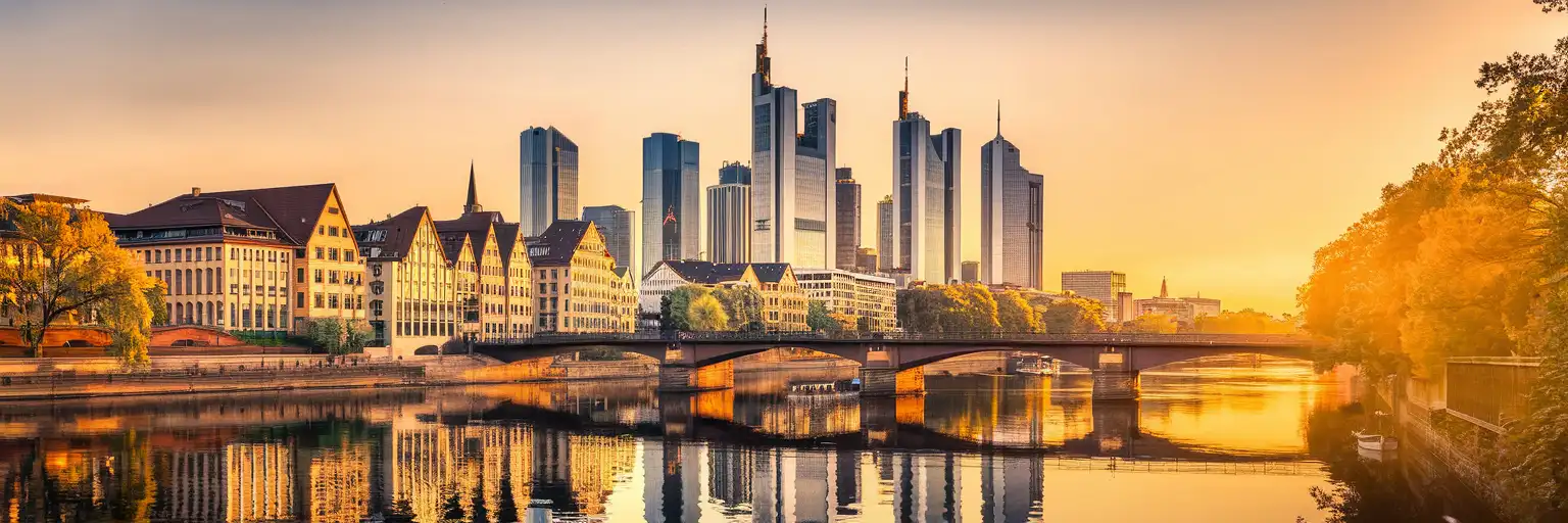 Frankfurt skyline with modern skyscrapers and historic Römerberg district reflected in the Main River at golden hour