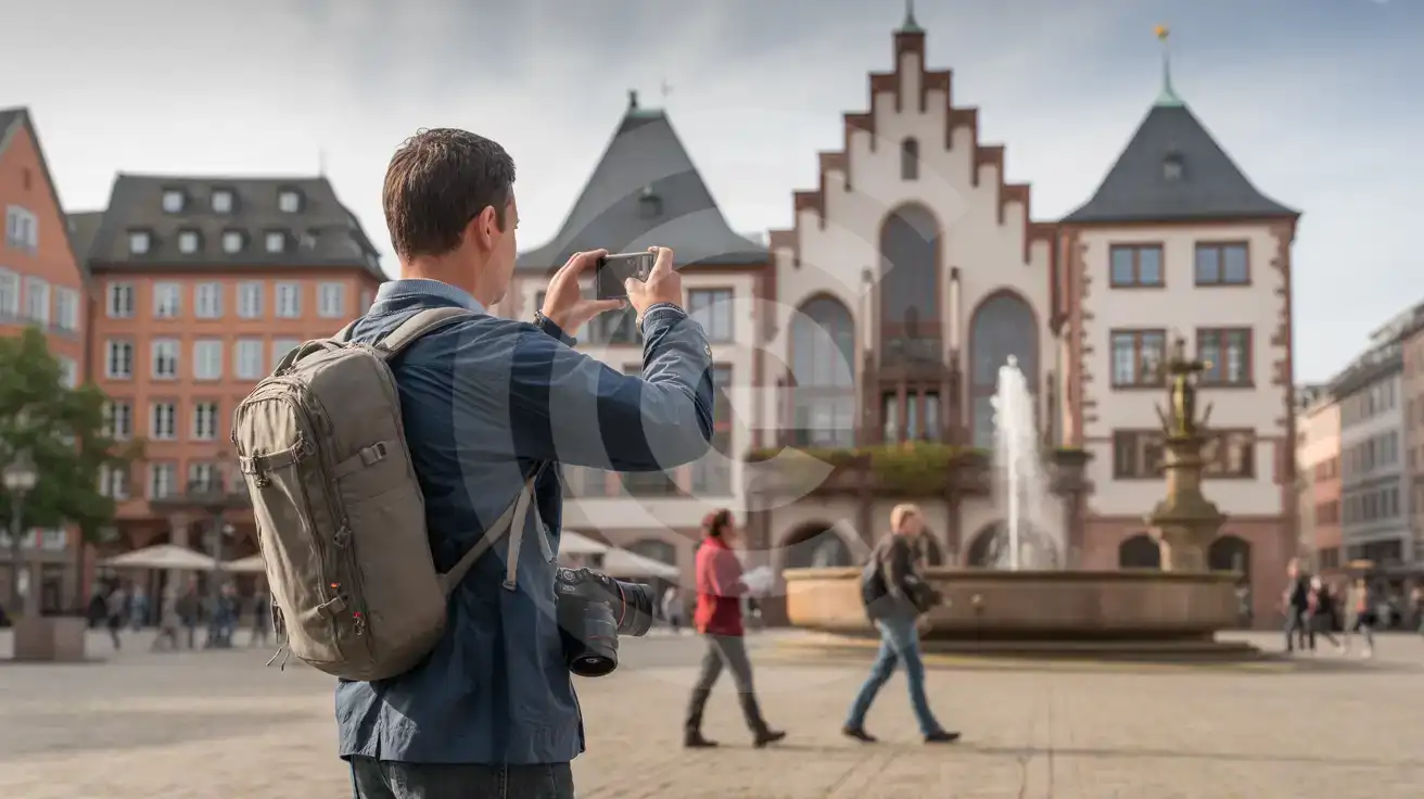Solo male traveler photographing the historic Römer city hall facade in Frankfurt's Römerberg square