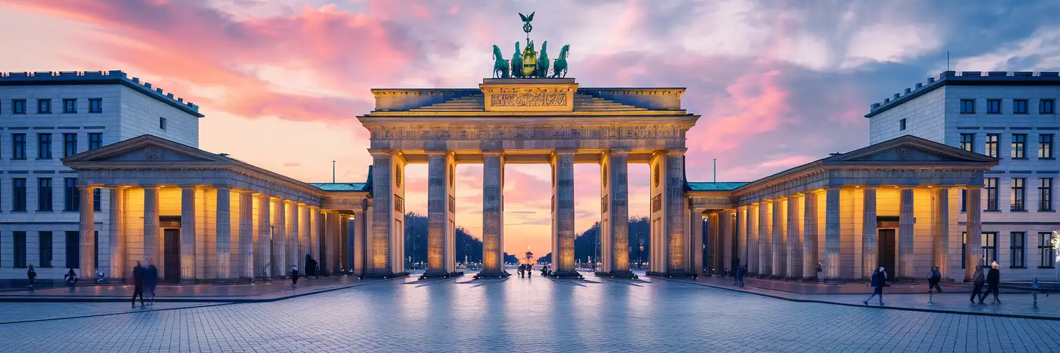 Brandenburg Gate in Berlin at golden hour with warm evening light illuminating the neoclassical columns