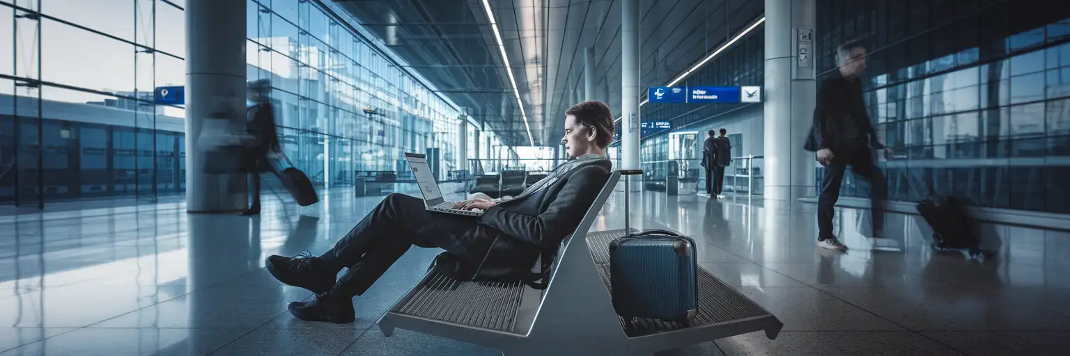 Traveller using laptop tethered to phone hotspot in a German train station waiting area during early morning