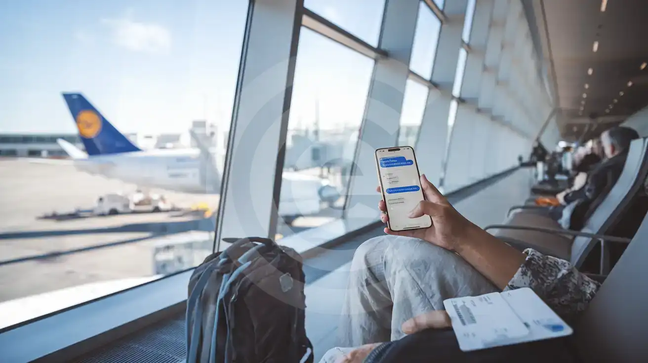 Traveller messaging from a German airport gate while waiting to board
