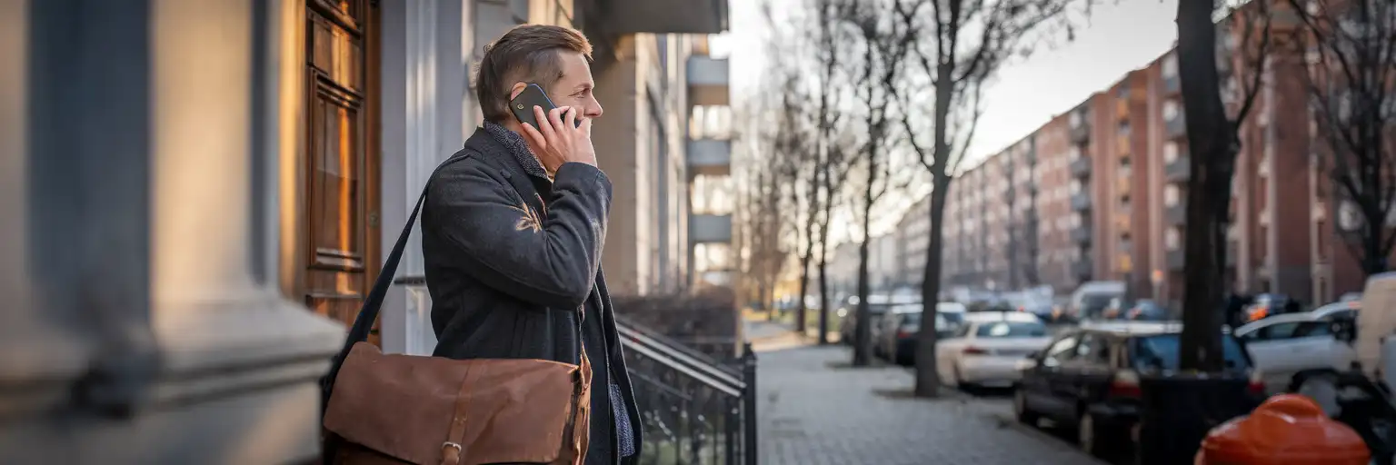 Traveller making a phone call outside a Berlin apartment building on a winter afternoon