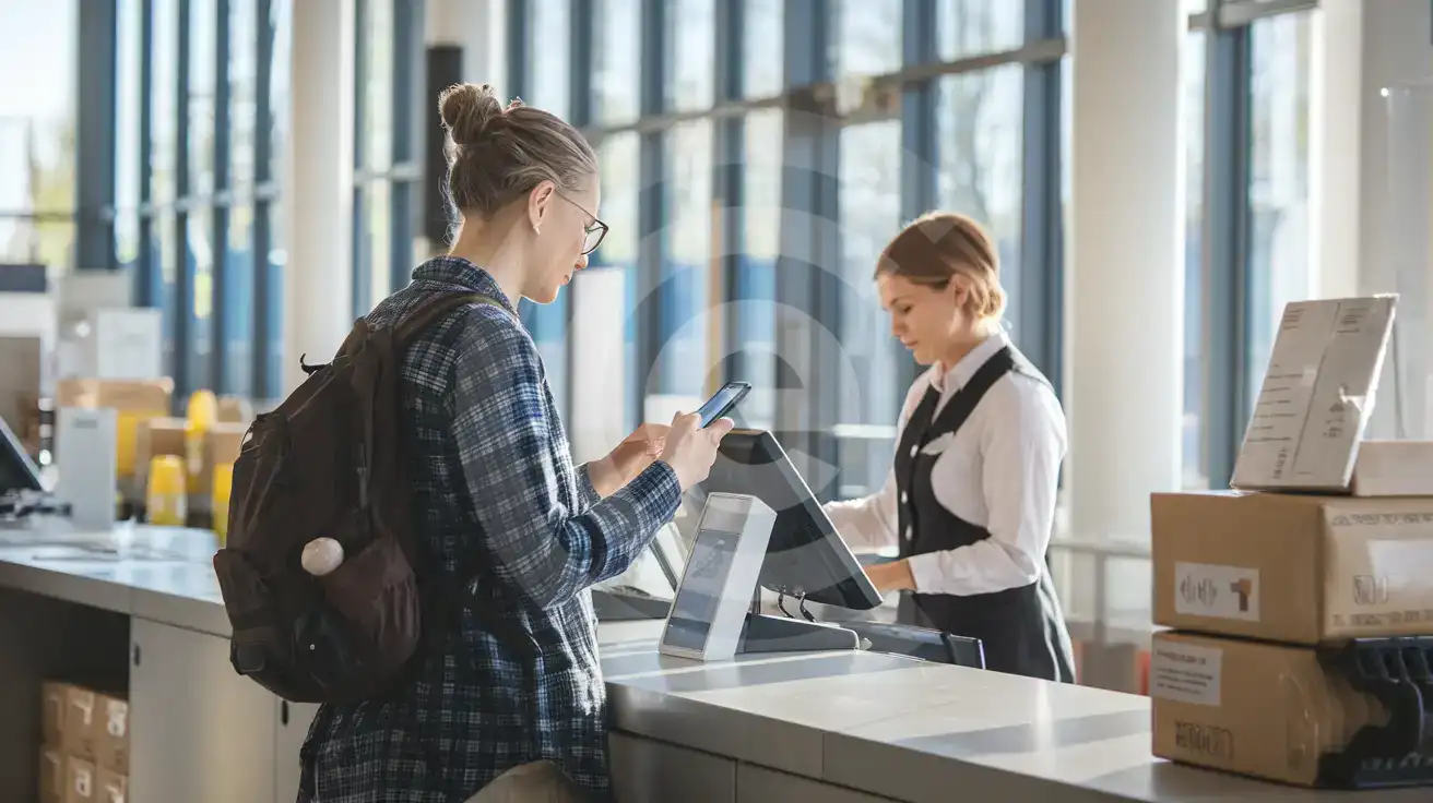 Traveller checking phone at a German parcel pickup counter
