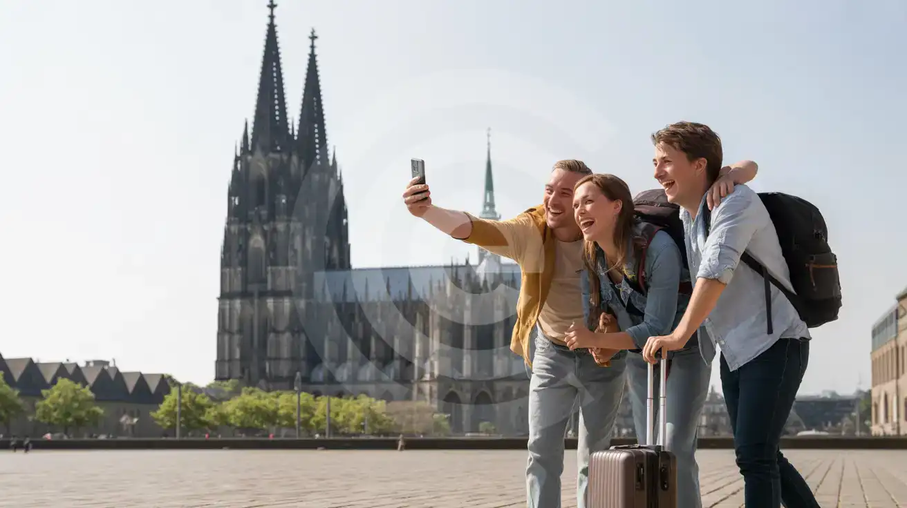 Small group of friends photographing Cologne Cathedral from the Domplatte plaza on a bright clear day