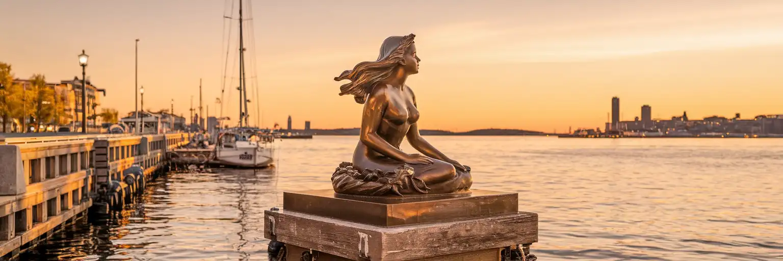 The Little Mermaid statue at Langelinie Pier in Copenhagen harbor at golden hour with the waterfront skyline in the distance