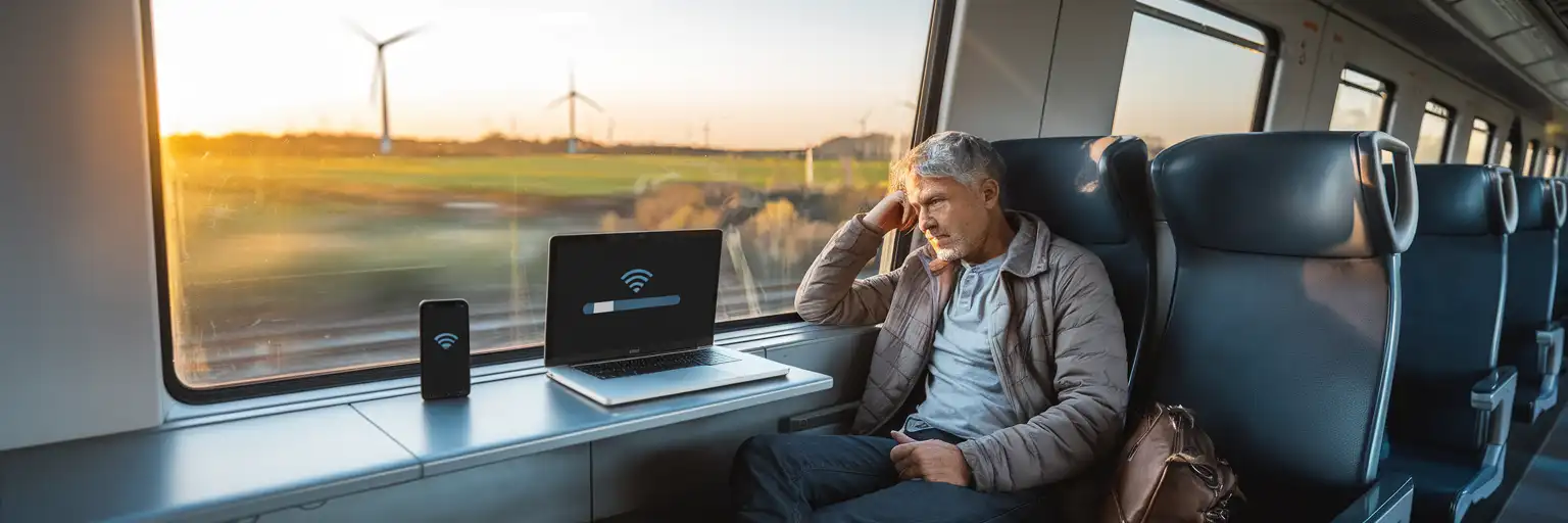 Traveller using phone hotspot and laptop on a Danish train with countryside passing outside the window