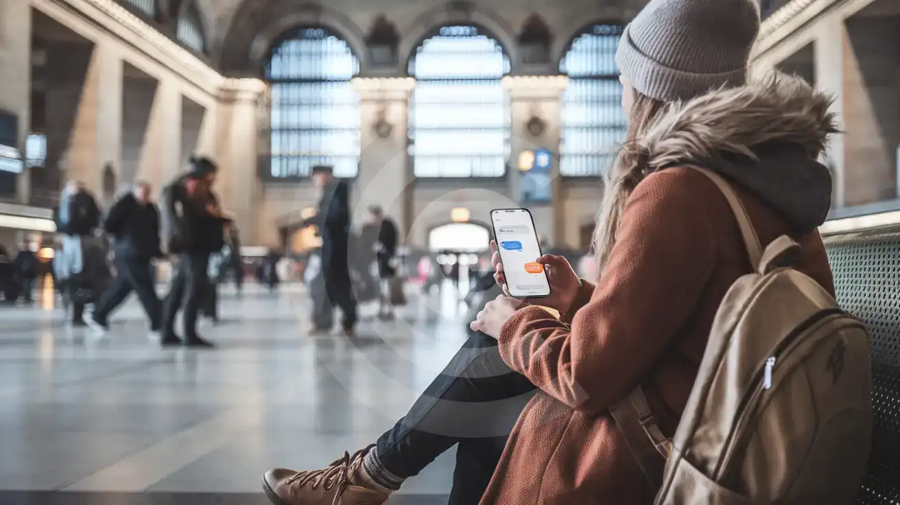 Traveller checking messages on phone inside Copenhagen Central Station