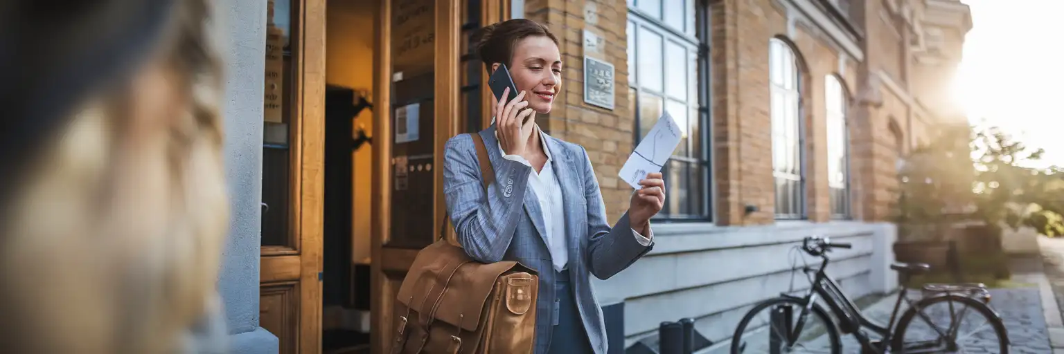 Woman making a phone call outside a Copenhagen apartment building while holding a delivery slip