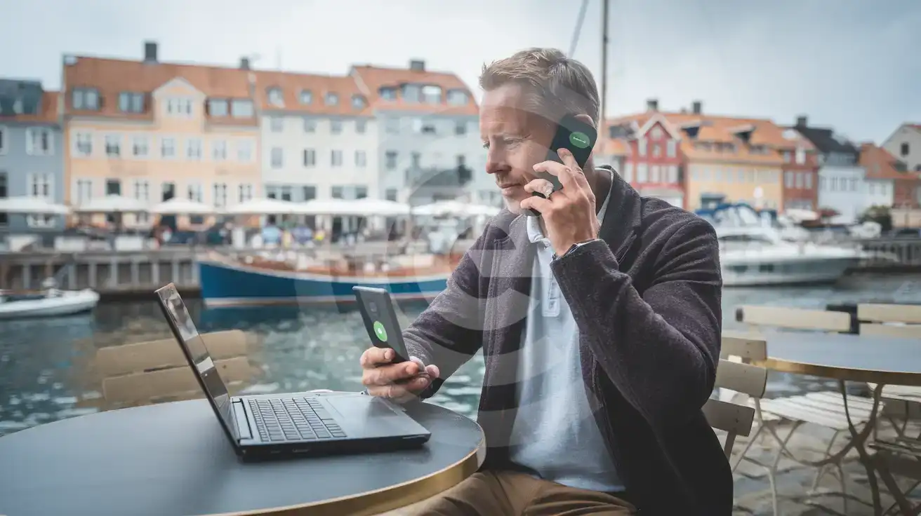 Traveller receiving a phone call at a Danish harbour café with laptop open