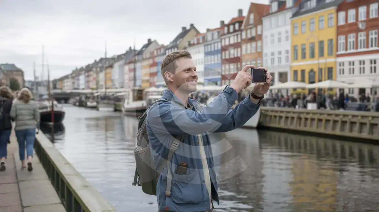 Solo male traveler photographing the colorful Nyhavn waterfront townhouses in Copenhagen on an overcast day
