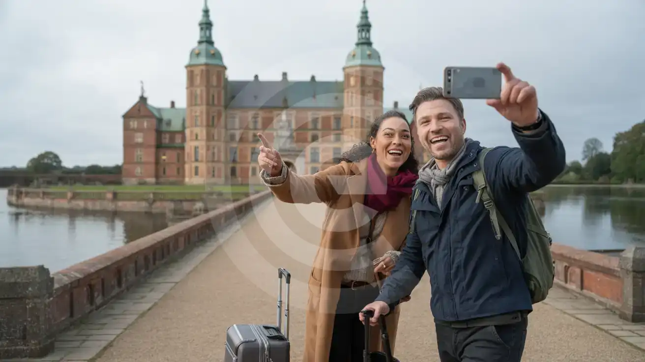 Una coppia fotografa il Castello di Frederiksborg a Hillerød, Danimarca, mentre si trova sul ponte di pietra con il castello rinascimentale riflesso nel fossato